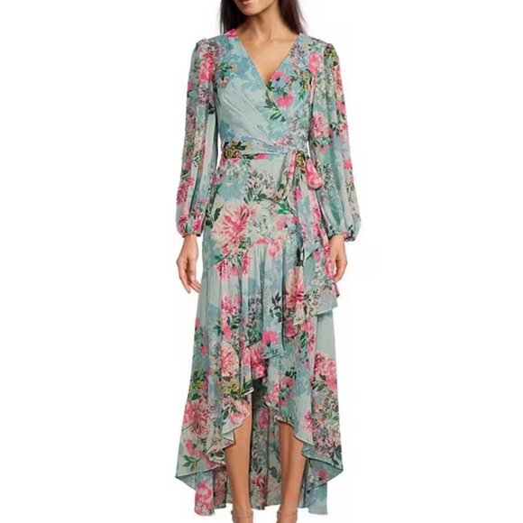 Eliza J Floral Metallic Surplice V Neck Long Sleeve High Low Wrap Maxi Dress 6 - Picture 1 of 15